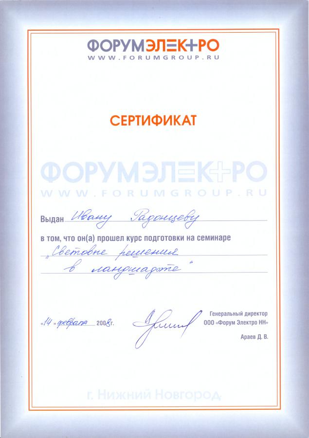 Сертификат Форум электро 2008